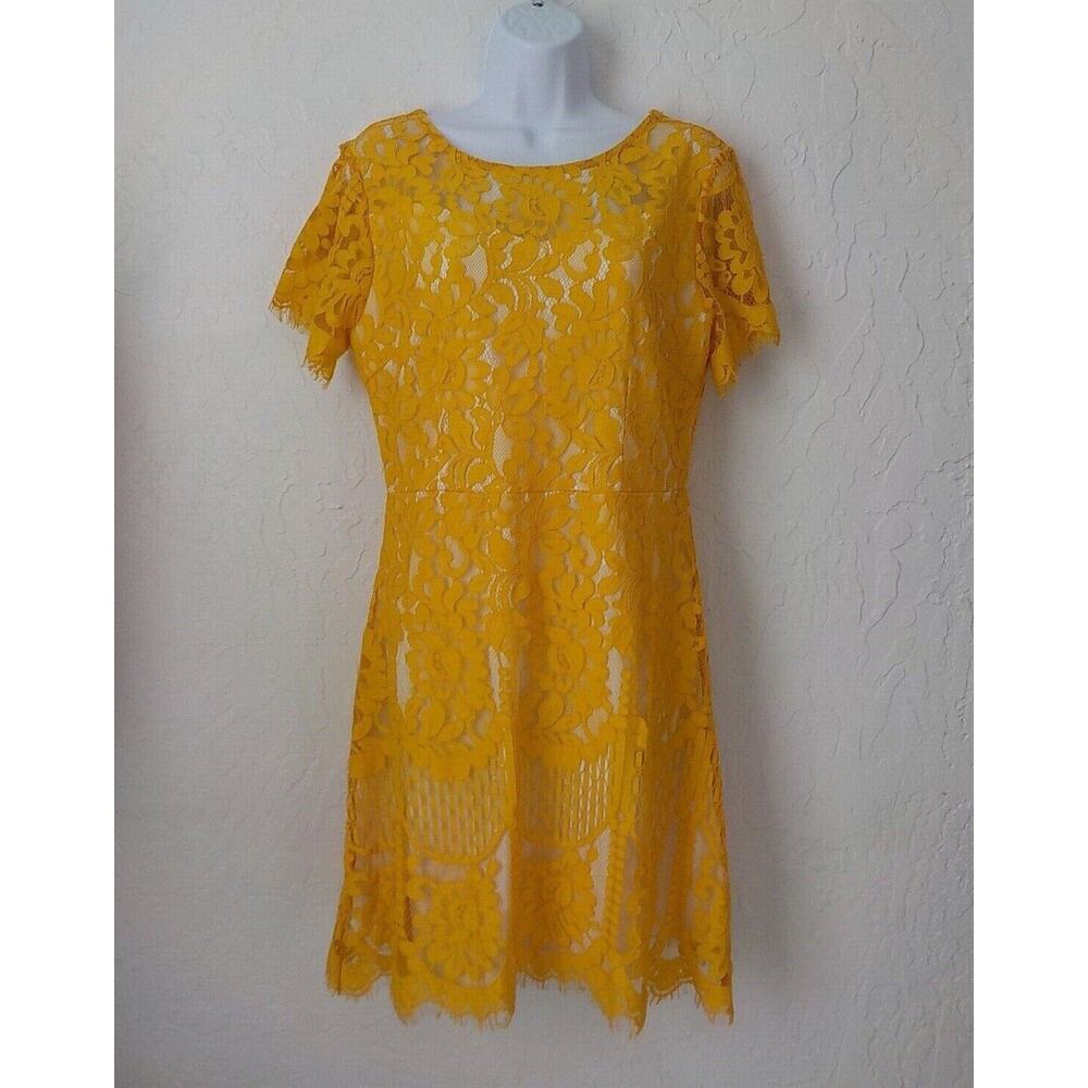 MSLG Yellow Floral Lace Dress Women Large ALine Knee Length Zip Up Lined V Back